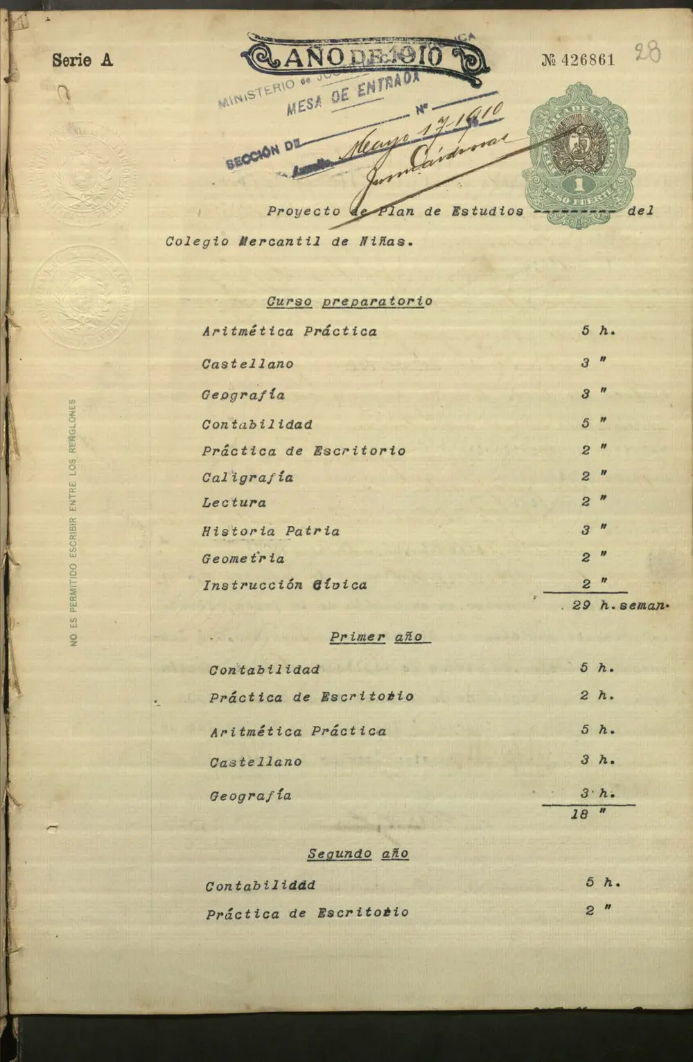Hoja escaneada del plan oficial del Colegio Mercantil de 1910, con encabezado impreso y anotaciones administrativas.